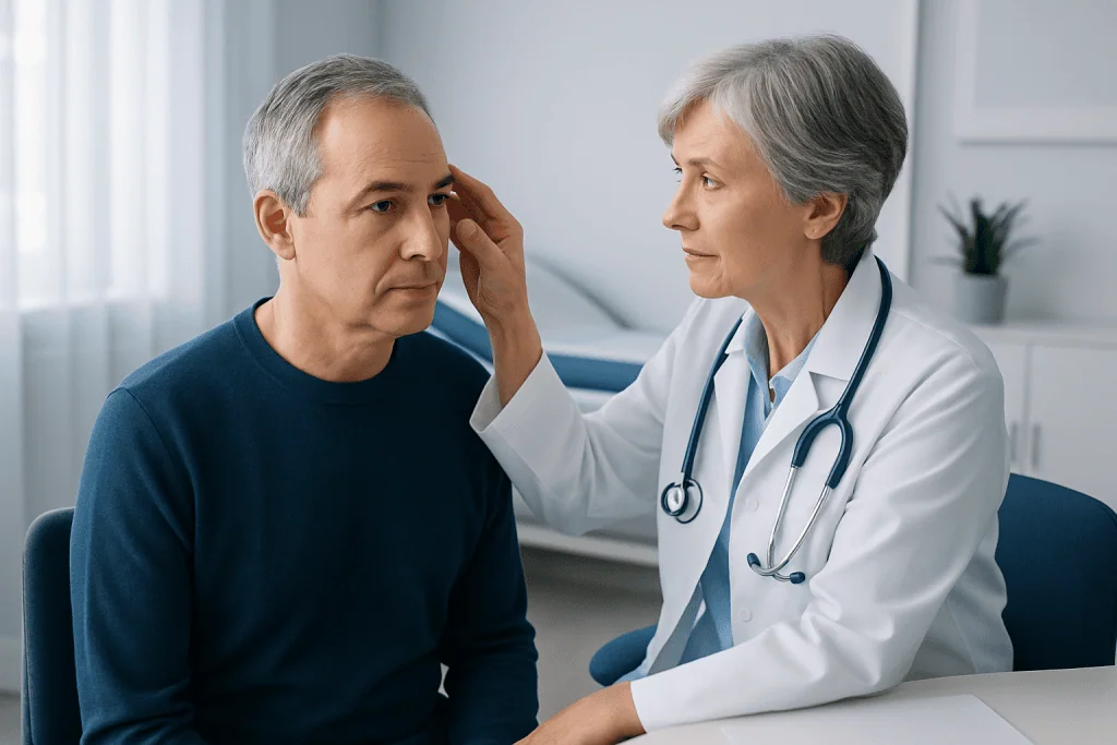 Doctor examines a middle-aged man's temple for temporal artery issues.
