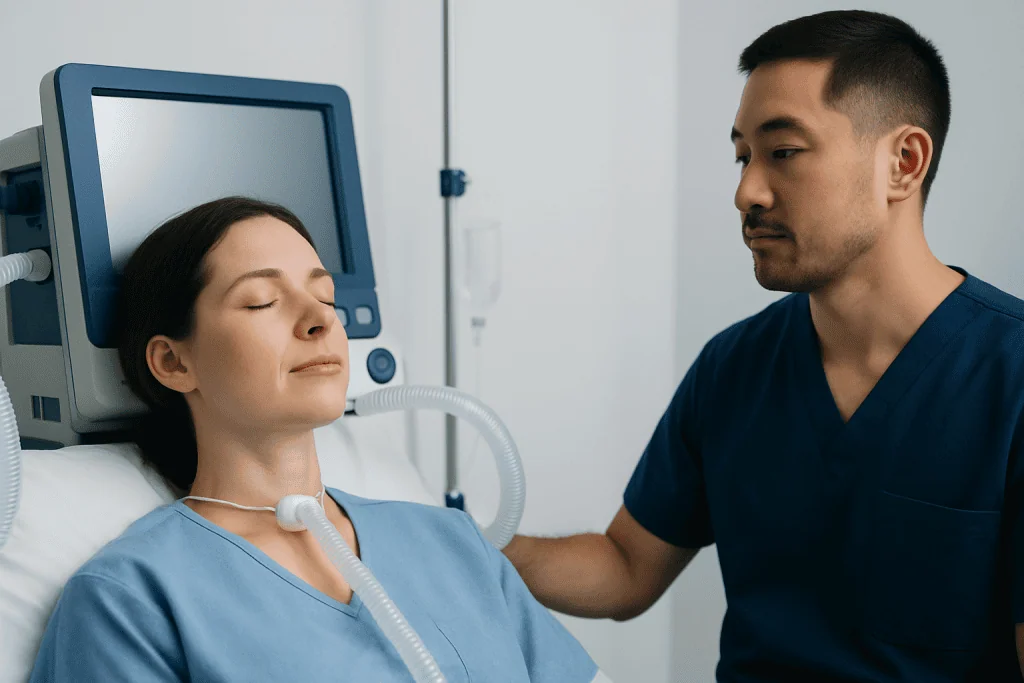 Patient with tracheal deviation receiving medical care in hospital.