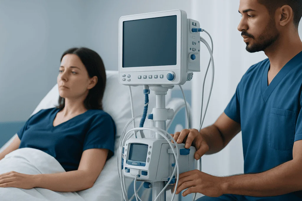 Medical professional monitoring patient in hospital room with ventilator.