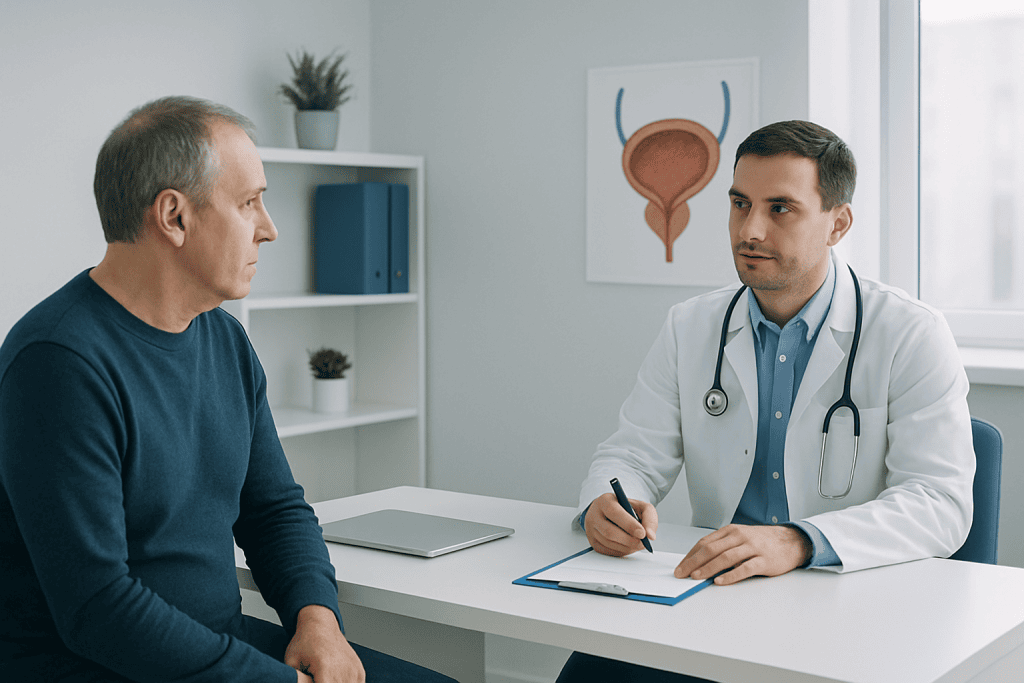 Urologist consulting with a patient about bladder health at Acibadem Hospital.