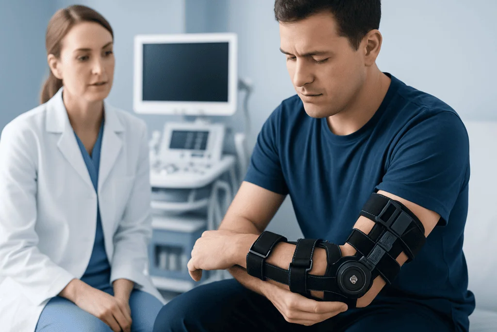 Patient with arm brace during medical consultation at Acibadem Hospital.