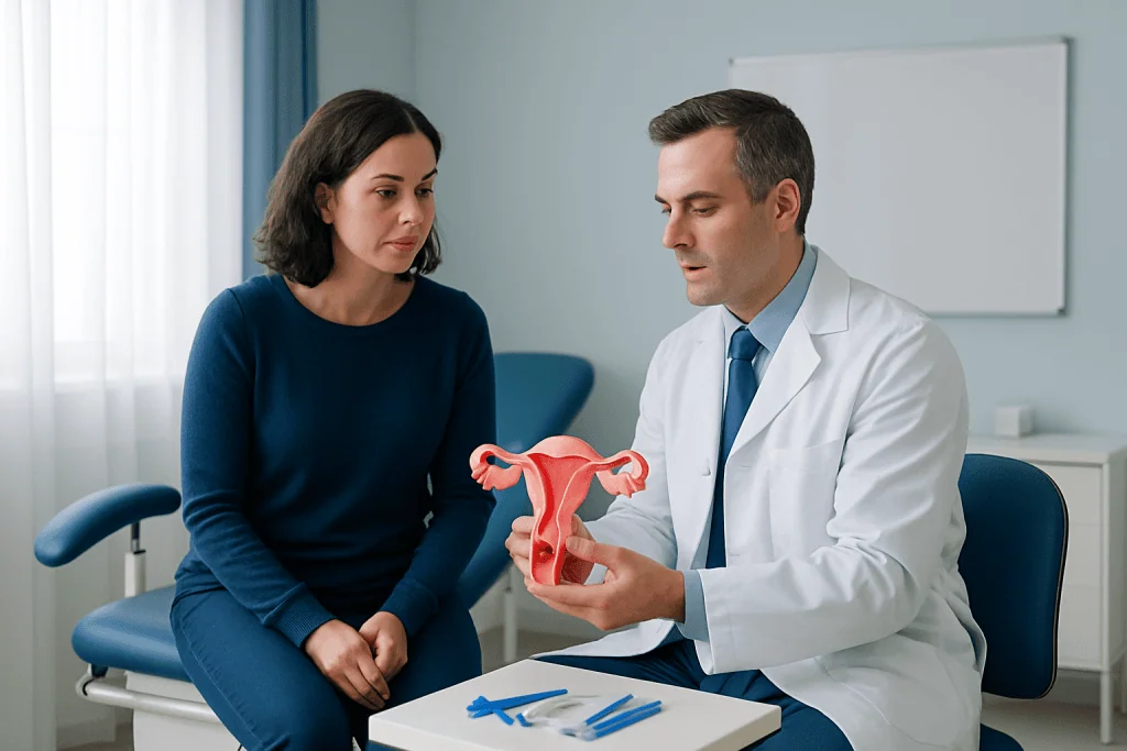 Doctor explaining uterine anatomy to a patient in a consultation room.