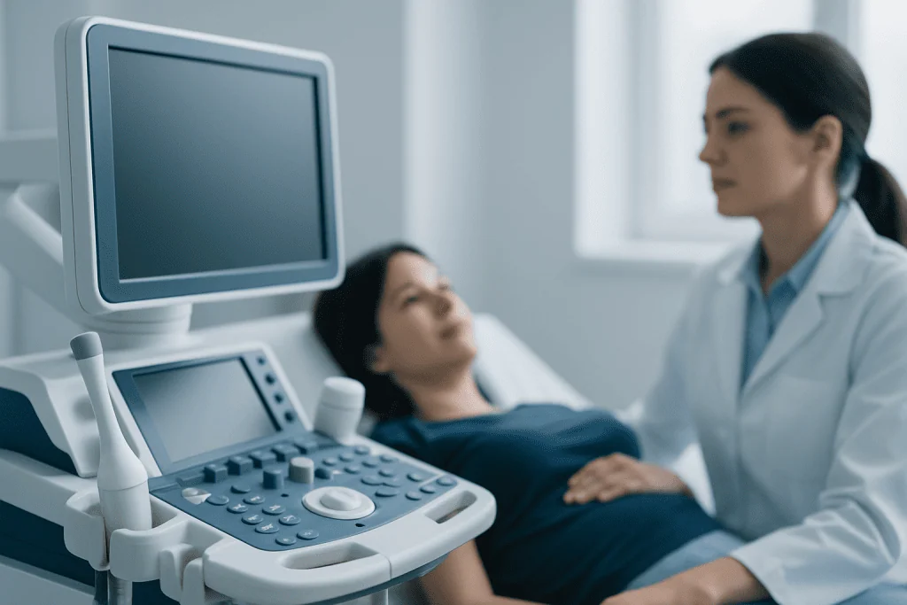 Medical professional performing ultrasound examination on patient in hospital.
