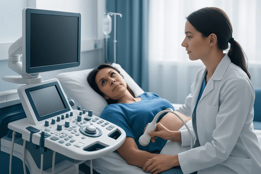 Doctor performing ultrasound on patient in hospital room.
