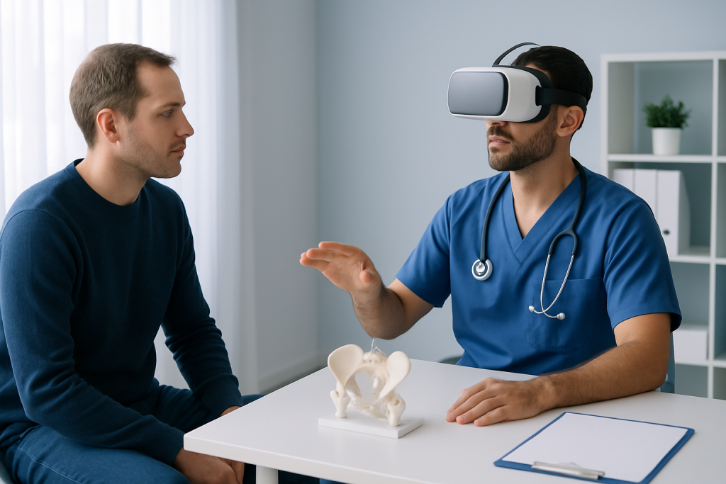 Urologist explains prostate health using VR technology to a patient.