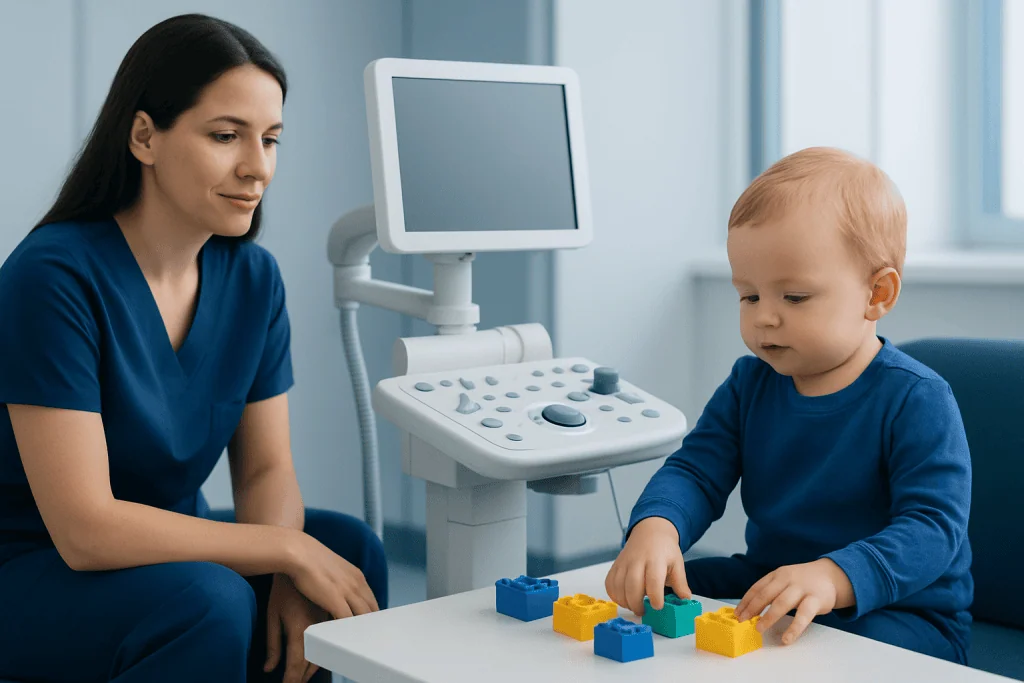 Child undergoing speech therapy with a therapist and ultrasound device.