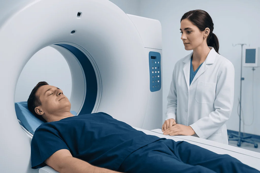 Patient undergoing abdominal CT scan at Acibadem Hospital.