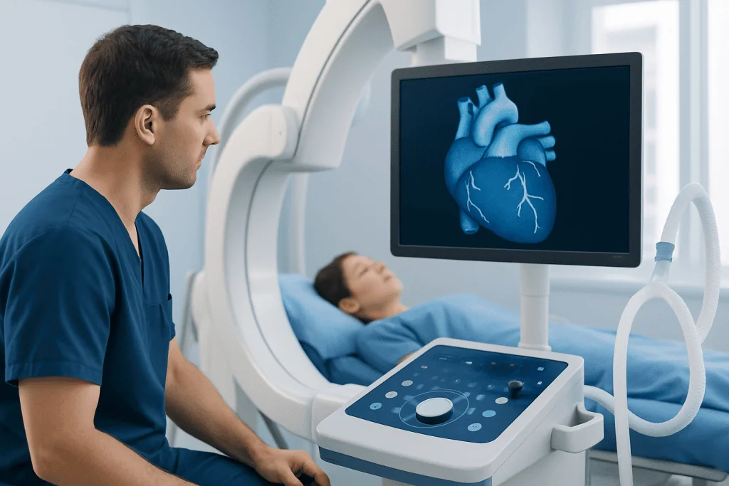 Medical professional monitoring heart scan during cardiac procedure.