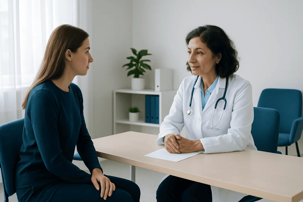 Doctor consulting with a young female patient in a medical office.