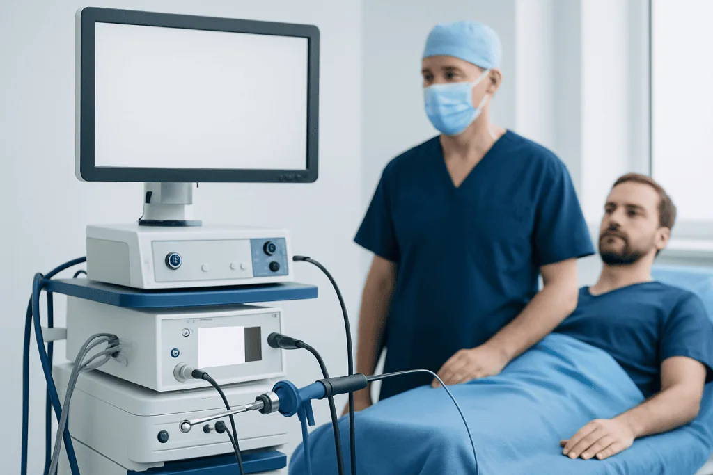 Medical professional preparing for shoulder surgery with ultrasound equipment.