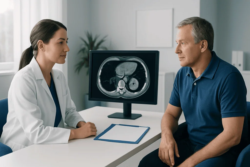 Doctor explaining liver MRI scan to patient in a medical consultation.