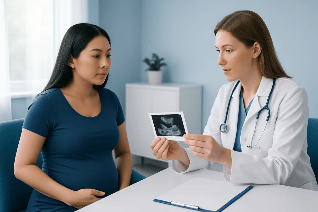 Doctor explaining ultrasound results to pregnant woman in a clinic setting.