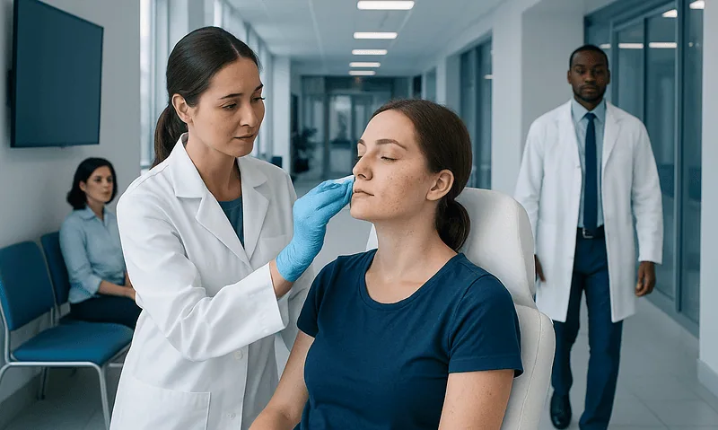 Dermatologist examines patient's face in a modern clinic setting.