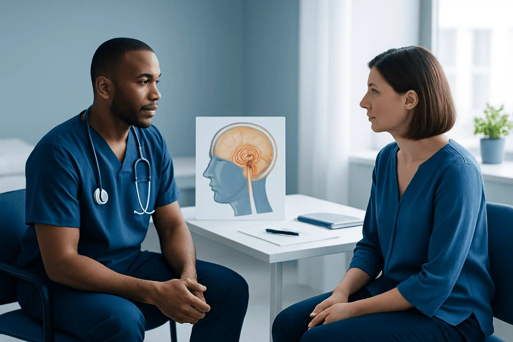 Doctor and patient discussing brain health in a medical consultation room.
