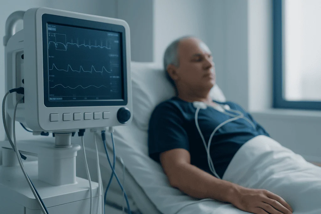 Patient in hospital bed connected to heart monitoring equipment.