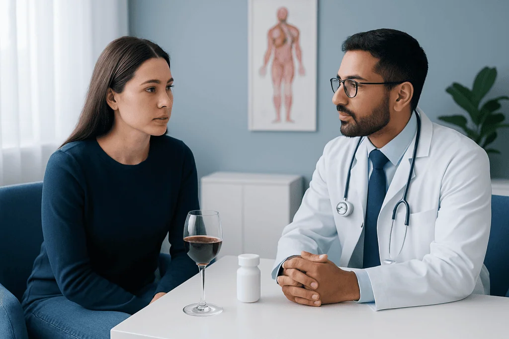 Doctor consulting with a female patient in a medical office setting.