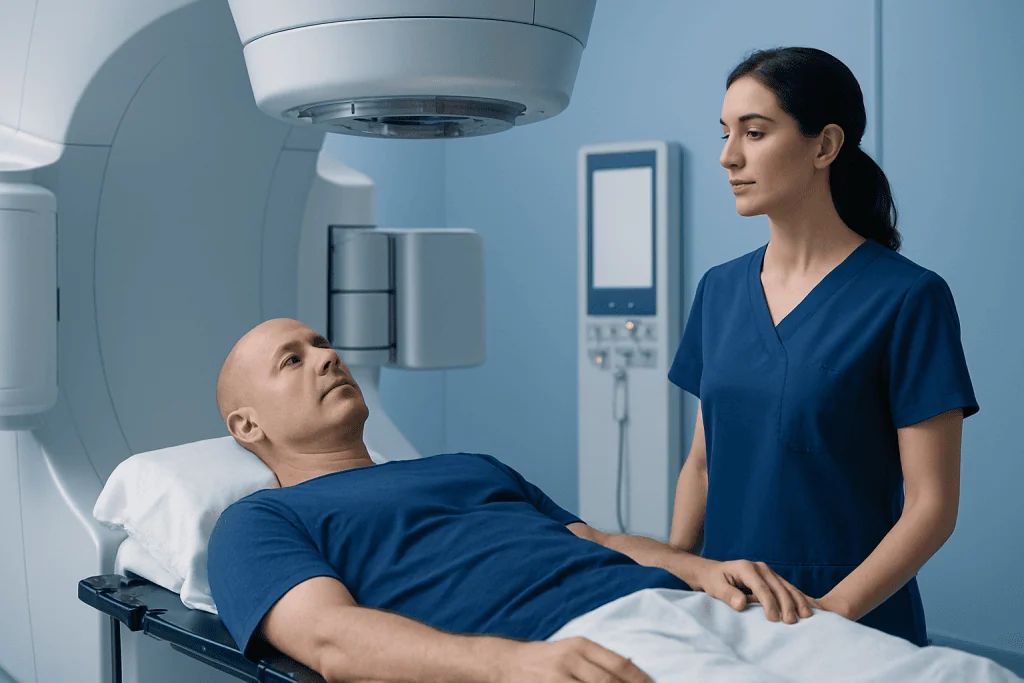 Patient undergoing cancer treatment in a modern hospital setting.