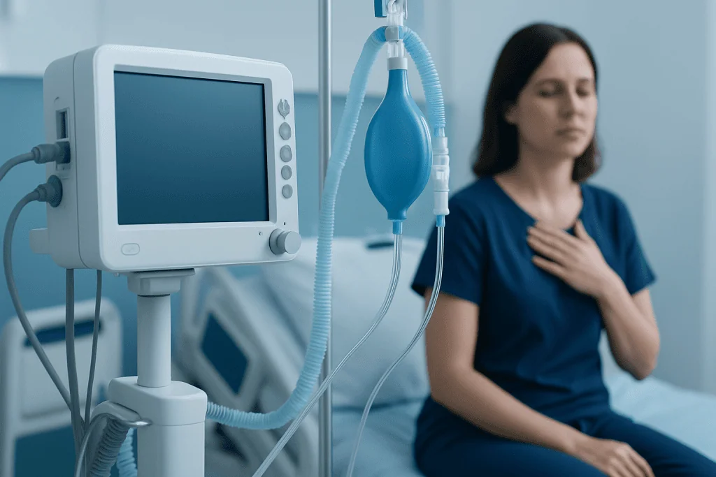 Patient experiencing respiratory distress in hospital bed with ventilator.