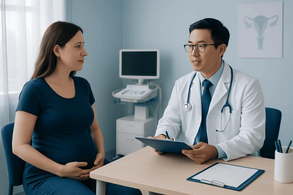 Doctor consulting pregnant woman in a medical office.