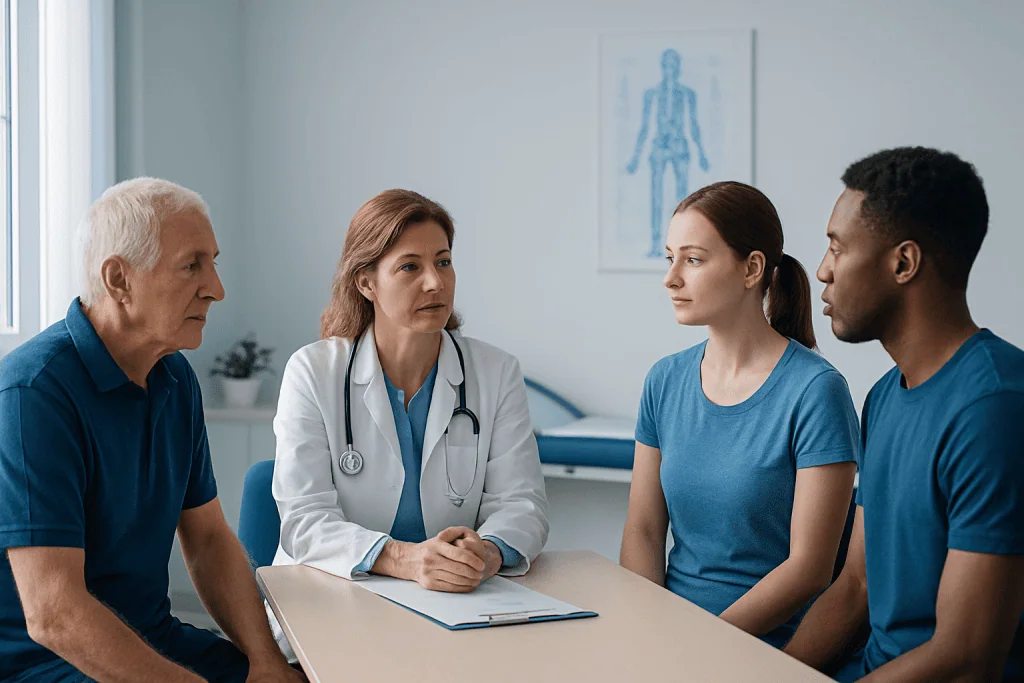 Doctor consulting with elderly and young patients in a medical office.