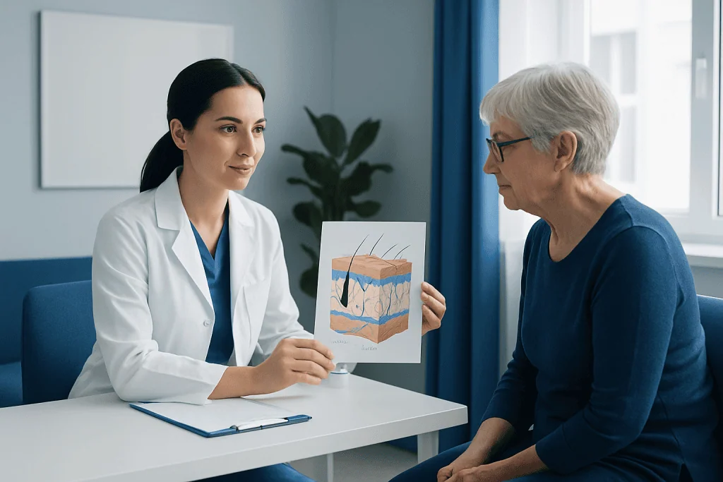 Medical consultation discussing skin structure and elastin with diagram.