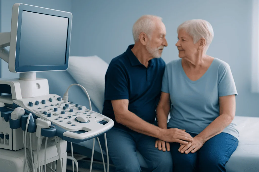 Elderly couple in a hospital room with ultrasound equipment nearby.