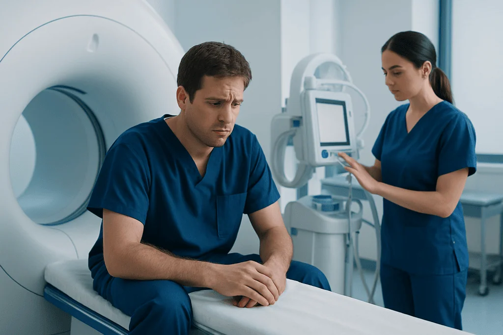 Patient waiting for MRI scan at Acibadem Hospital.