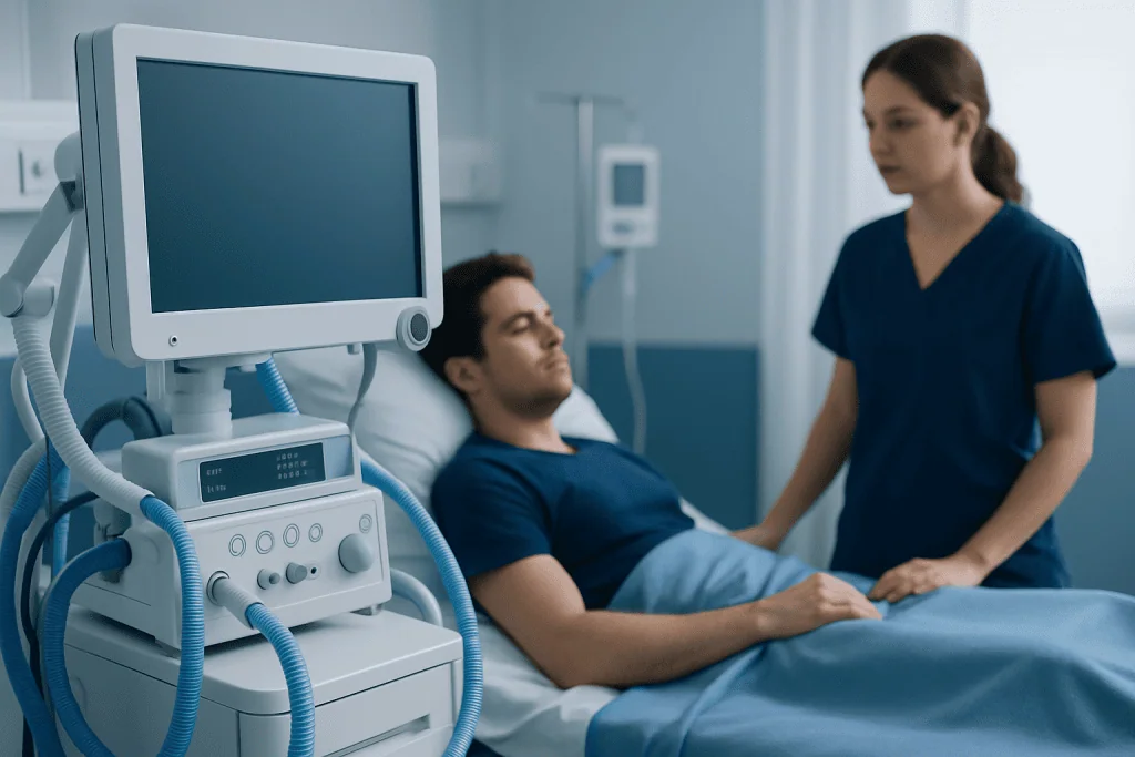 Patient in hospital bed with medical monitor and nurse attending.
