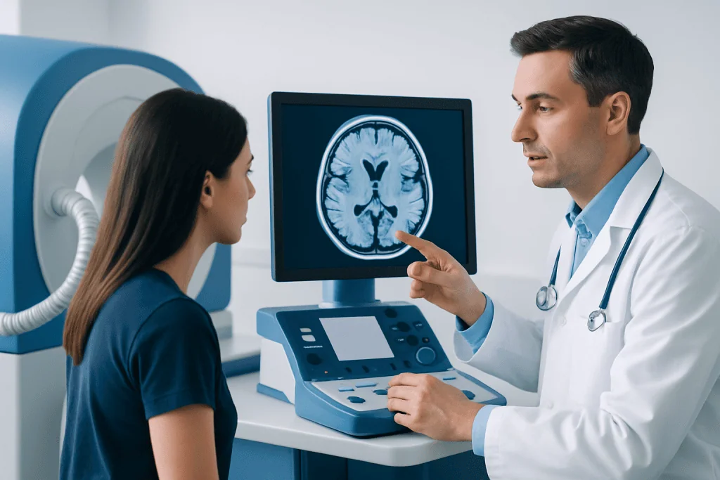 Doctor explaining brain scan to patient in medical clinic.