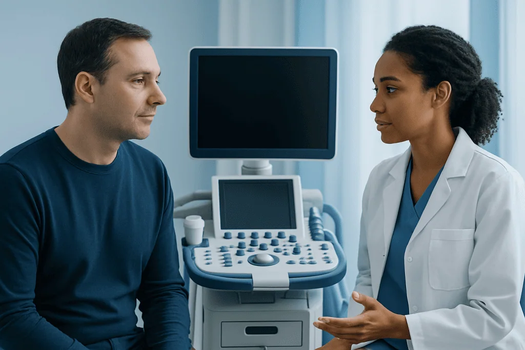 Doctor consulting with male patient in a medical examination room.