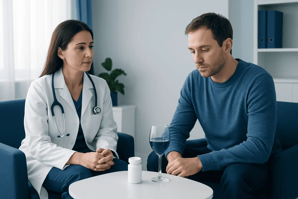 Doctor consulting with patient about medication and alcohol effects.