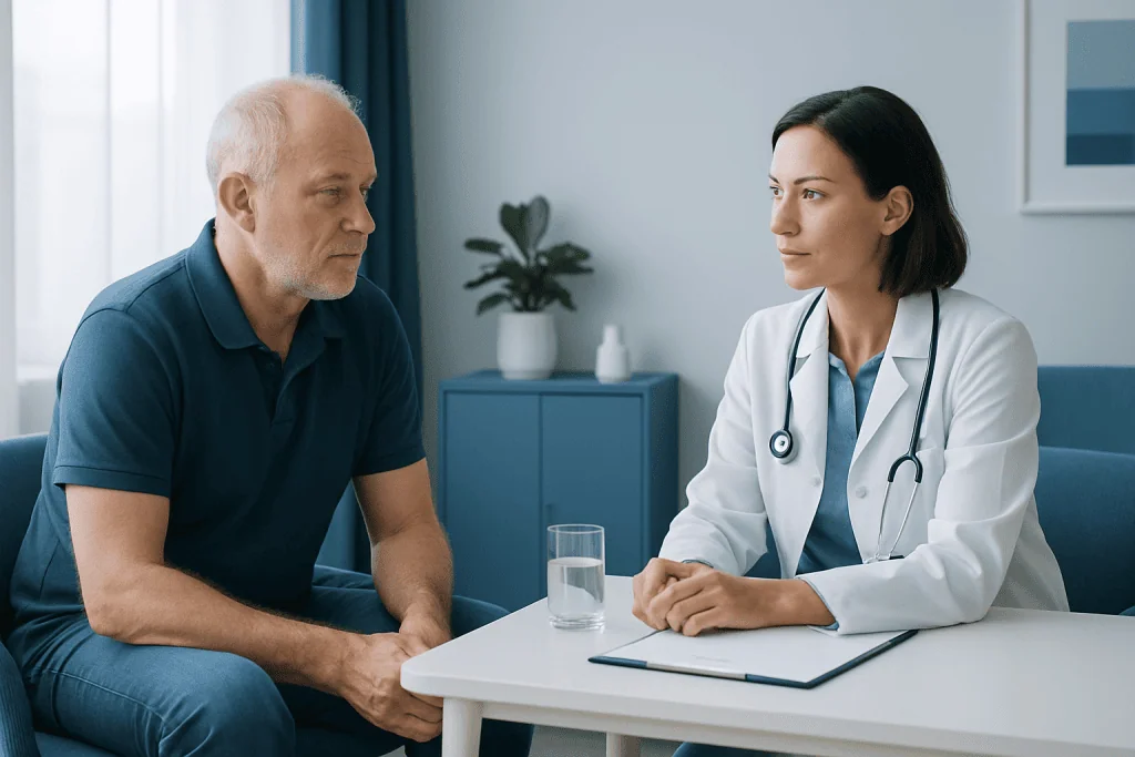 Doctor consulting with an elderly male patient in a medical office.