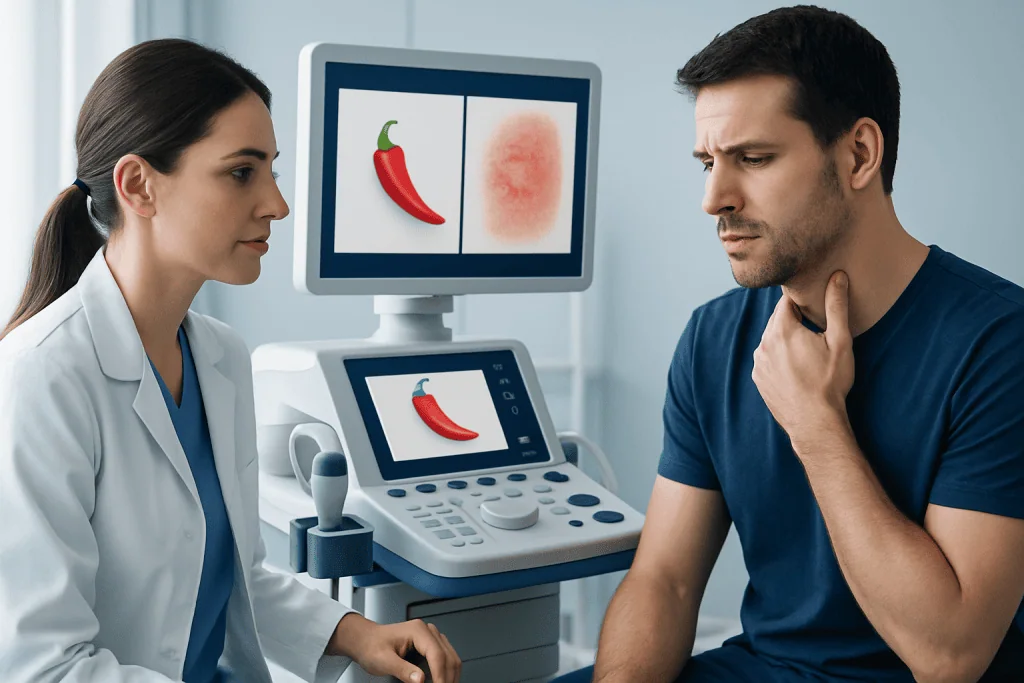 Doctor and patient discussing chili allergy test results at Acibadem Hospital.