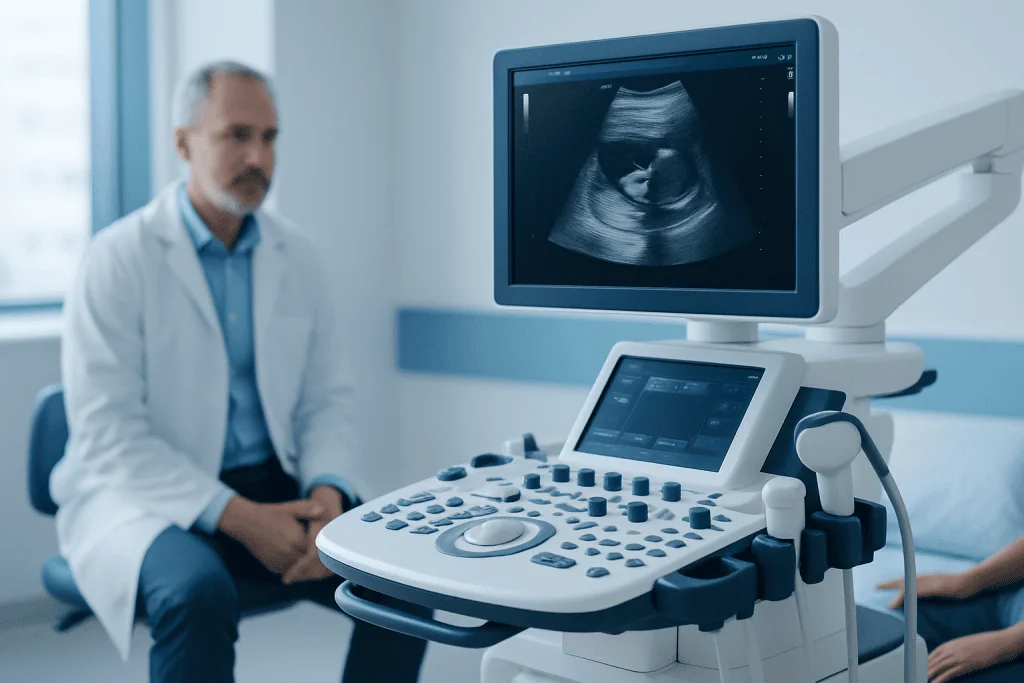 Medical ultrasound machine in a hospital room with a doctor observing.