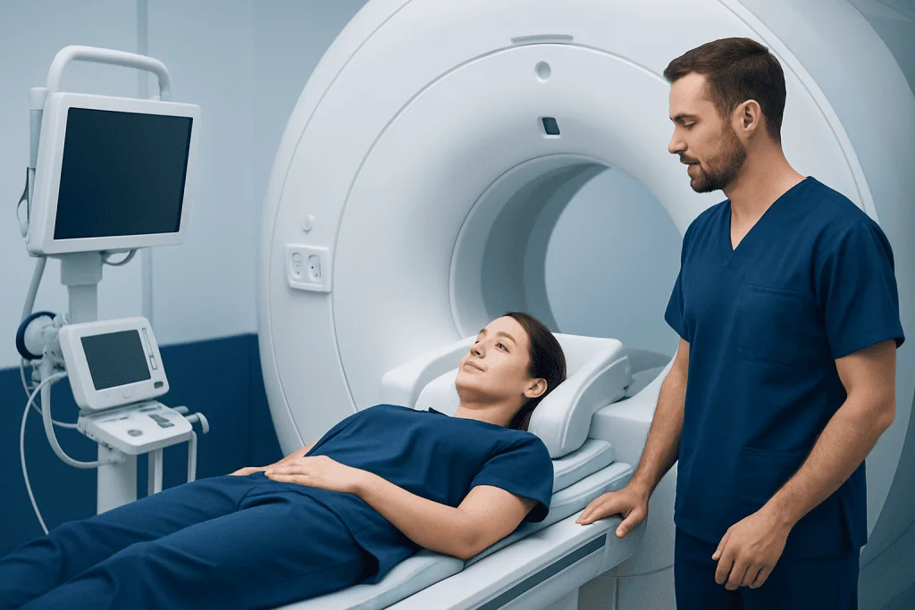 Patient undergoing MRI scan at Acibadem Hospital with medical staff present.