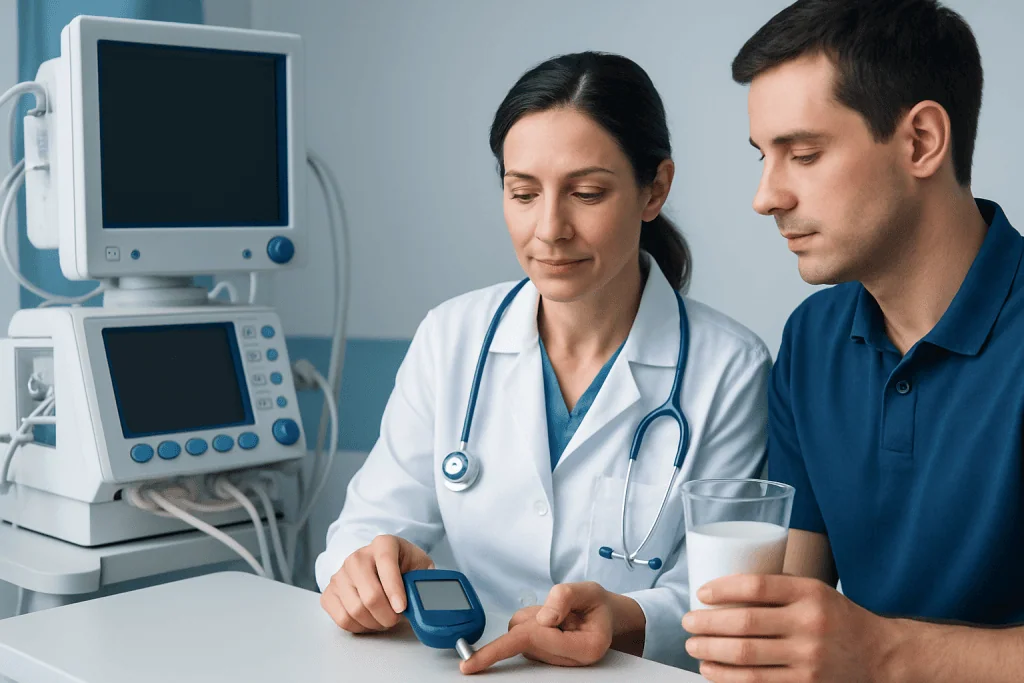 Doctor and patient in a medical consultation with monitoring equipment in the background.