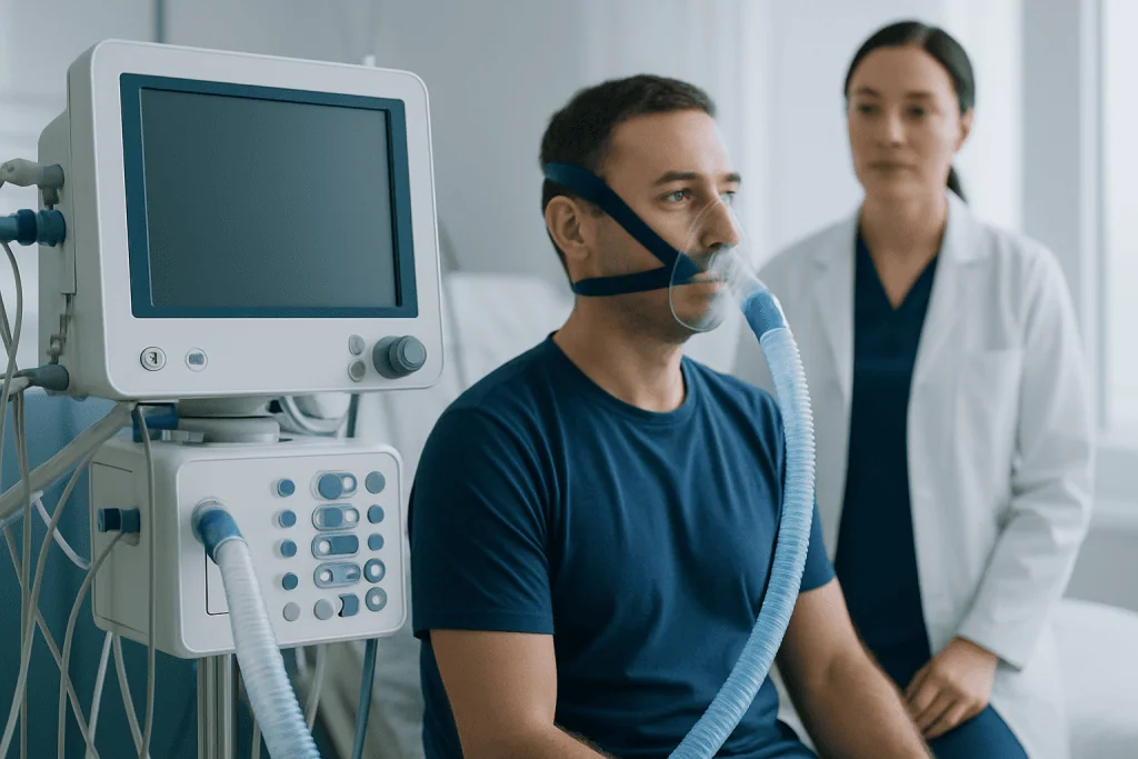 Patient using ventilator in hospital room with medical staff nearby.
