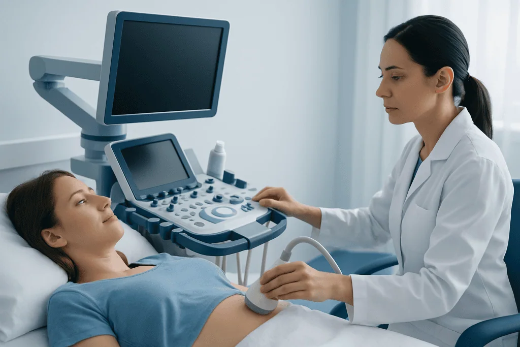 Medical professional performing ultrasound on patient in hospital.