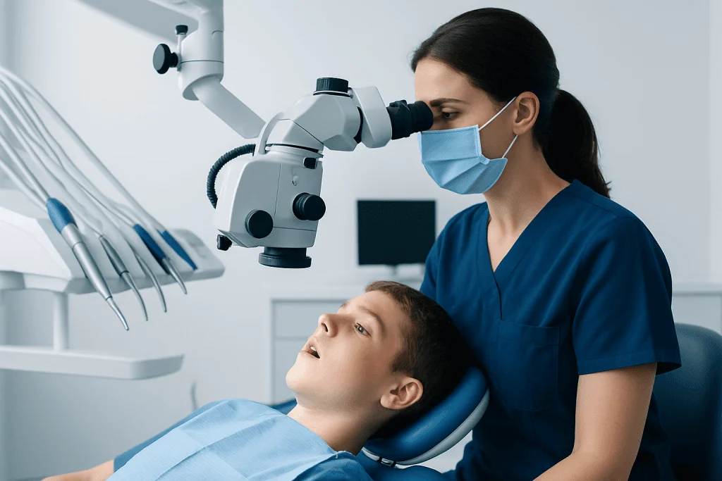 Dentist using microscope during dental examination on young patient.