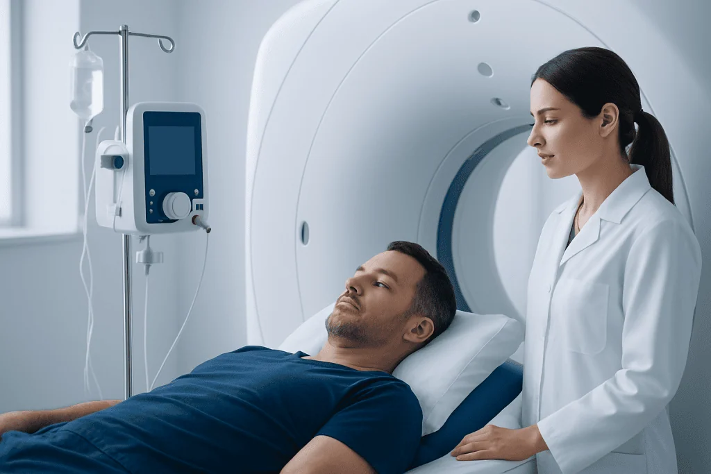 Patient undergoing MRI scan at Acibadem Hospital for cancer diagnosis.