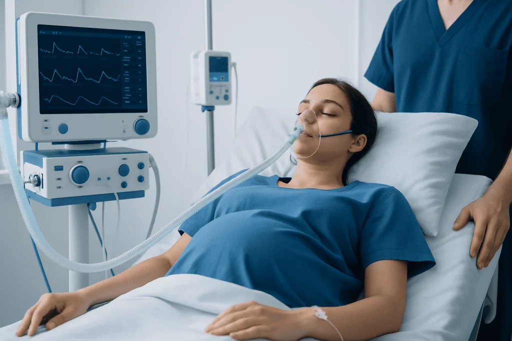 Patient in hospital bed with oxygen mask and medical monitors.