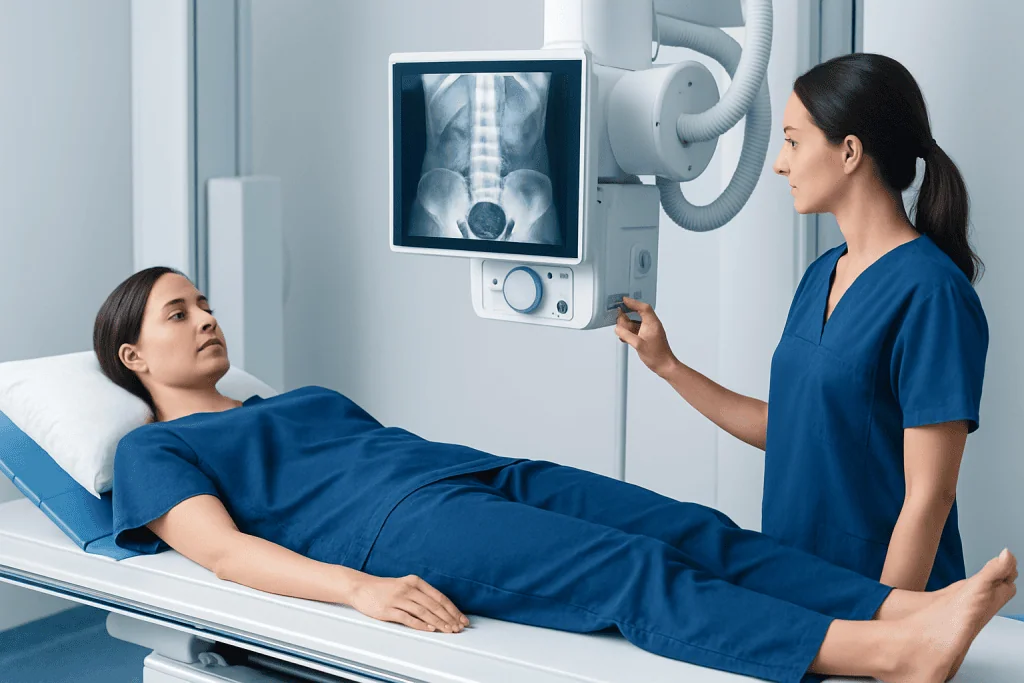 Medical professional reviewing X-ray of patient's abdomen in hospital setting.