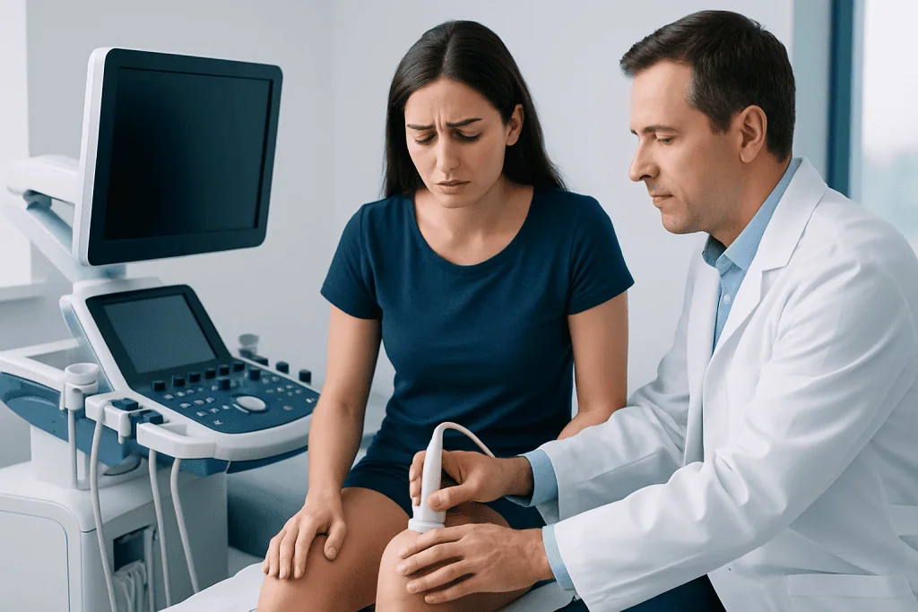 Doctor performing knee ultrasound on a young woman patient in a medical clinic.