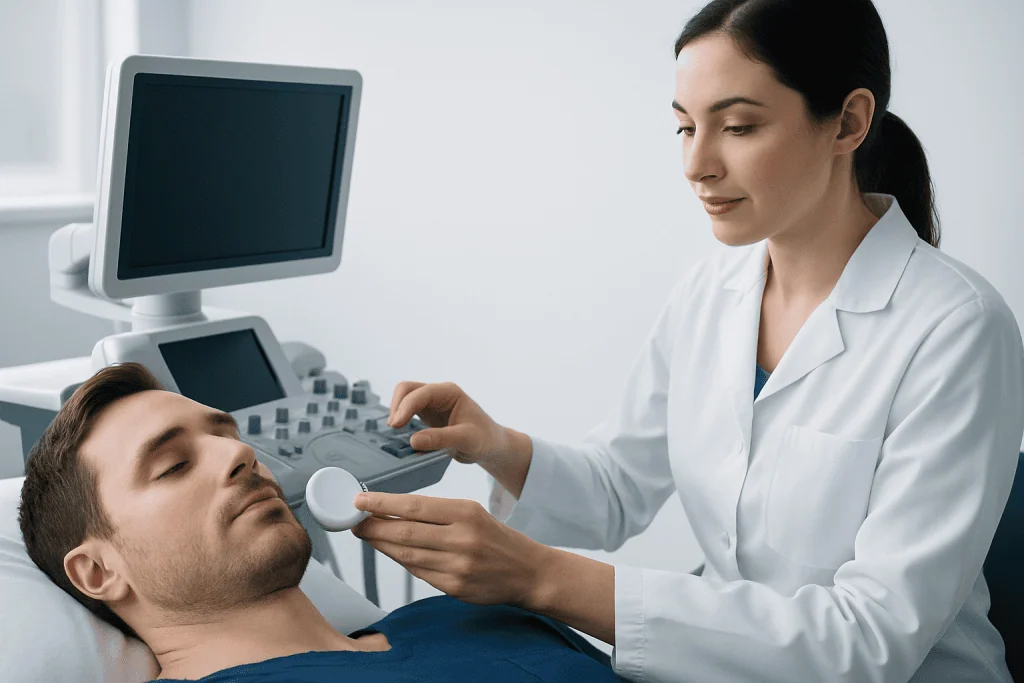 Medical professional performing an ultrasound on a patient in a clinical setting.