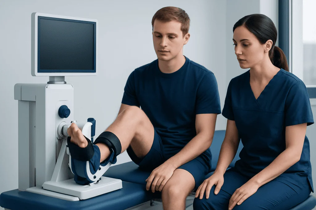 Patient undergoing physiotherapy for ankle injury at Acibadem Hospital.