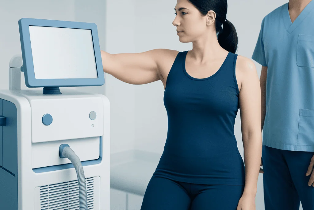 Woman undergoing a medical procedure with a machine in a clinical setting.