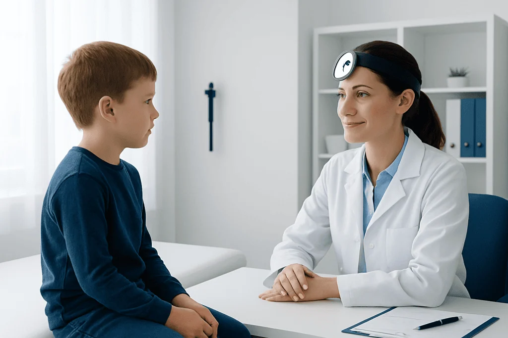Pediatric specialist consulting with young patient in a medical office.