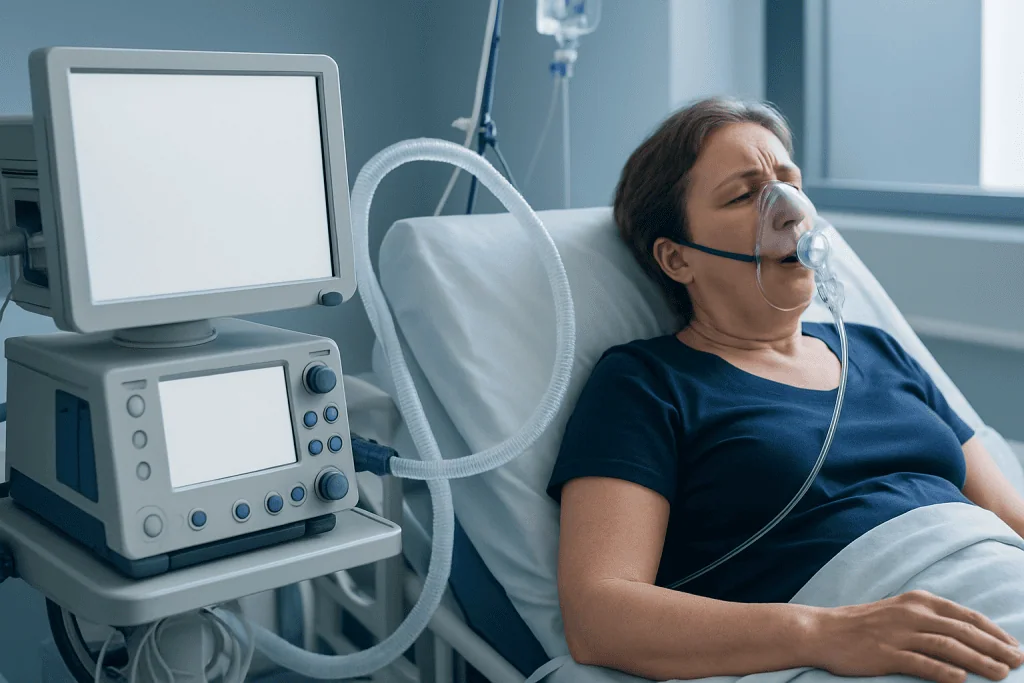 Patient on oxygen therapy in hospital bed with medical monitors nearby.