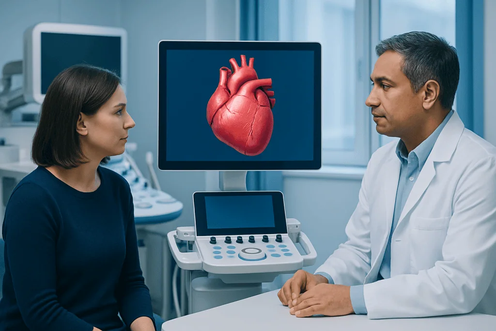 Doctor explaining heart health to a patient with heart diagram on screen.