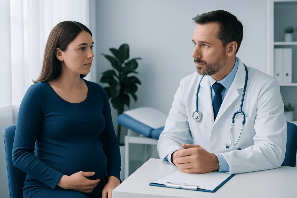Doctor consulting with a pregnant woman in a medical office.